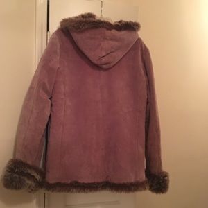 3/4 Suede Coat w/ faux fur hood, sleeve & bottom.